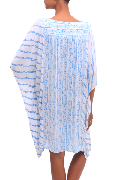Rayon tunic-style dress, 'Azure Helix' - Helix Motif Rayon Short-Sleeve Tunic-Style Dress from Bali