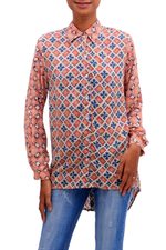 Rayon tunic, 'Kelud Crisscross' - Chili and Azure Printed Rayon Tunic from Bali