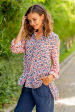 Rayon tunic, 'Kelud Crisscross' - Chili and Azure Printed Rayon Tunic from Bali