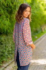 Rayon tunic, 'Kelud Crisscross' - Chili and Azure Printed Rayon Tunic from Bali