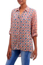 Rayon tunic, 'Kelud Crisscross' - Chili and Azure Printed Rayon Tunic from Bali