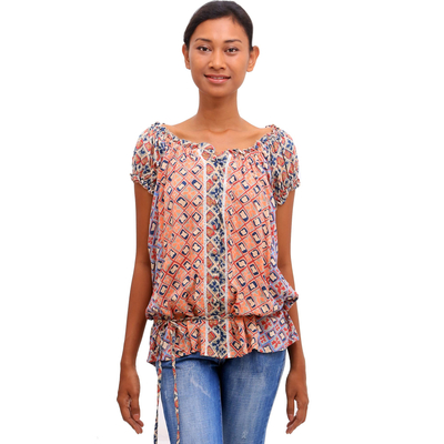 Rayon off-the-shoulder blouse, 'Kelud Crisscross' - Chili and Azure Rayon Off-The-Shoulder Blouse from Bali