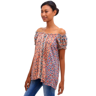 Rayon off-the-shoulder blouse, 'Kelud Crisscross' - Chili and Azure Rayon Off-The-Shoulder Blouse from Bali