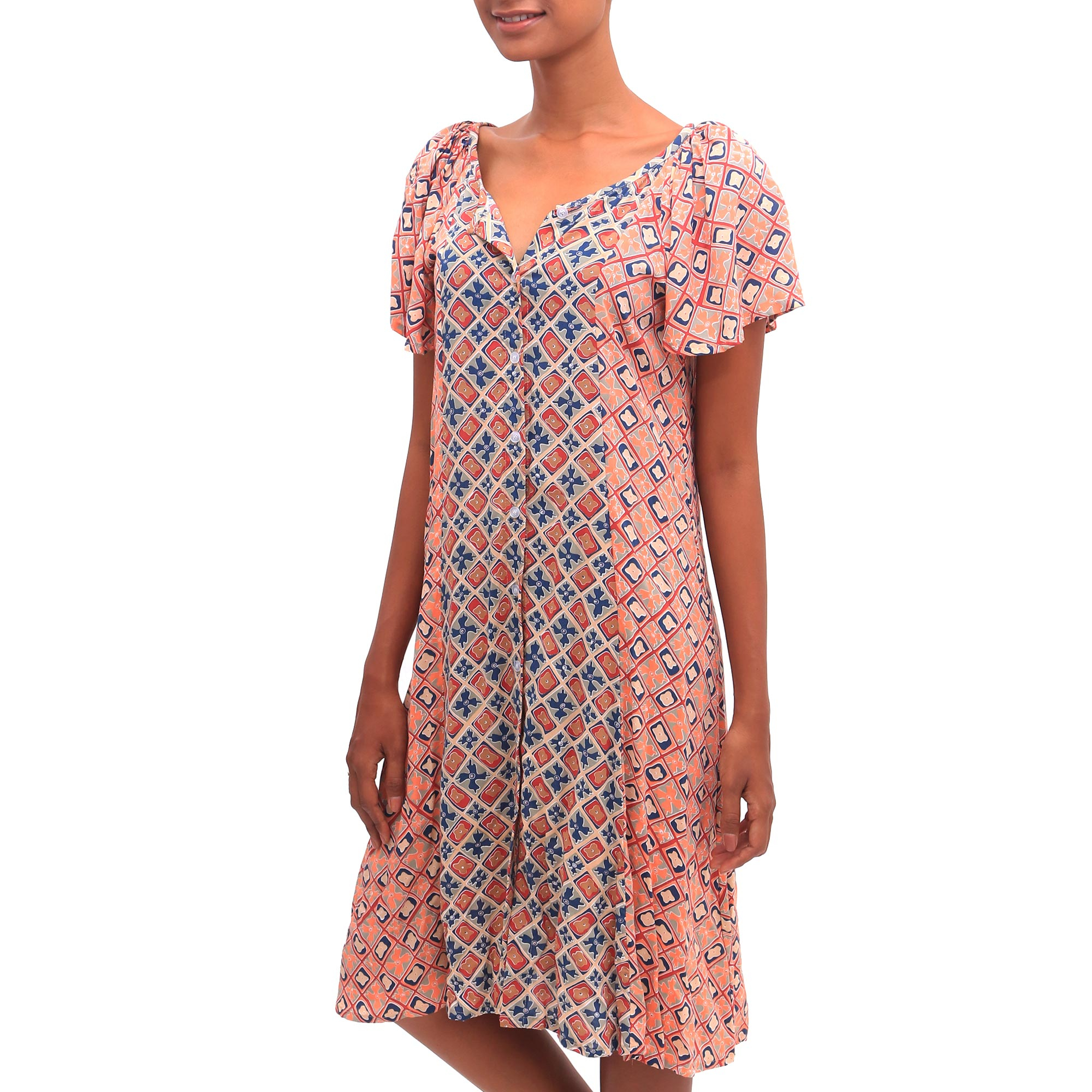 UNICEF Market | Chili and Azure Printed Rayon A-Line Dress from Bali ...