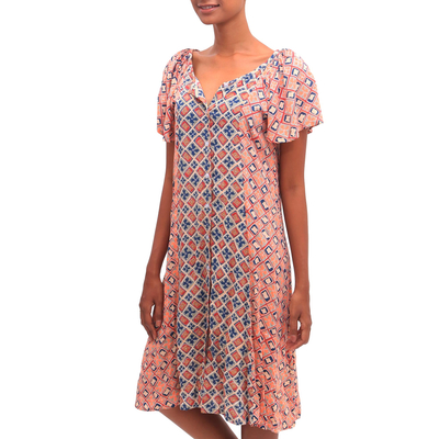 Rayon A-line dress, 'Kelud Crisscross' - Chili and Azure Printed Rayon A-Line Dress from Bali