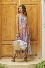 Rayon midi sundress, 'Kelud Crisscross' - Chili and Azure Printed Rayon Midi Sundress from Bali