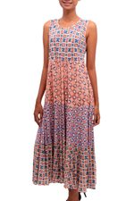 Rayon midi sundress, 'Kelud Crisscross' - Chili and Azure Printed Rayon Midi Sundress from Bali