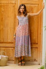 Rayon midi sundress, 'Kelud Crisscross' - Chili and Azure Printed Rayon Midi Sundress from Bali