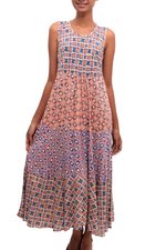 Rayon midi sundress, 'Kelud Crisscross' - Chili and Azure Printed Rayon Midi Sundress from Bali
