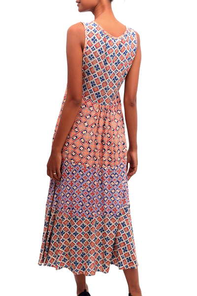 Midi-Sommerkleid aus Rayon - Mit Chili und Azurblau bedrucktes Rayon-Midi-Sommerkleid aus Bali
