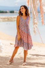 Rayon knee-length sundress, 'Kelud Crisscross' - Chili and Azure Printed Rayon Knee-Length Sundress from Bali