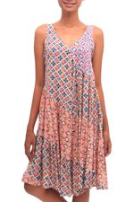 Rayon knee-length sundress, 'Kelud Crisscross' - Chili and Azure Printed Rayon Knee-Length Sundress from Bali