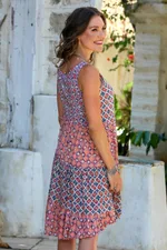 Rayon knee-length sundress, 'Kelud Crisscross' - Chili and Azure Printed Rayon Knee-Length Sundress from Bali