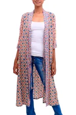 Rayon long kimono, 'Kelud Crisscross' - Chili and Azure Printed Rayon Long Kimono from Bali