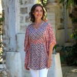 Rayon blouse, 'Kelud Crisscross' - Chili and Azure Printed Rayon Blouse from Bali