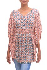 Rayon blouse, 'Kelud Crisscross' - Chili and Azure Printed Rayon Blouse from Bali