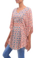 Rayon blouse, 'Kelud Crisscross' - Chili and Azure Printed Rayon Blouse from Bali