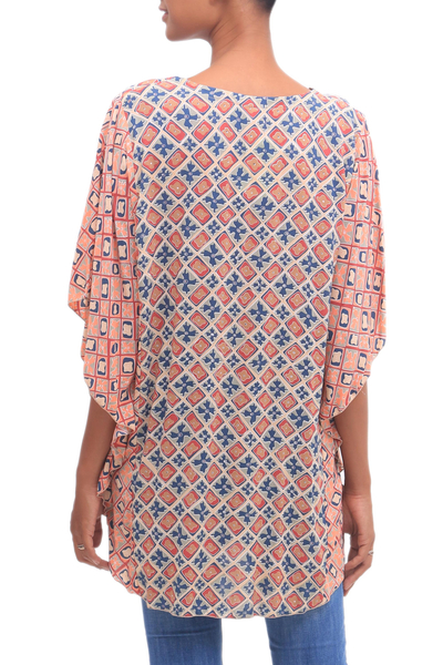 Rayon blouse, 'Kelud Crisscross' - Chili and Azure Printed Rayon Blouse from Bali