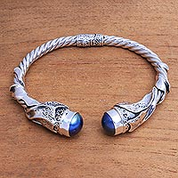 Culture pearl cuff bracelet, 'Songket Glow in Blue' - Cultural Blue Cultured Pearl Cuff Bracelet from Bali