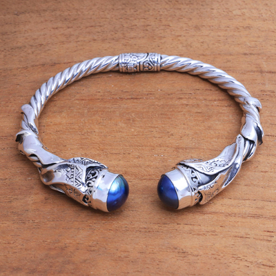 Culture pearl cuff bracelet, 'Songket Glow in Blue' - Cultural Blue Cultured Pearl Cuff Bracelet from Bali