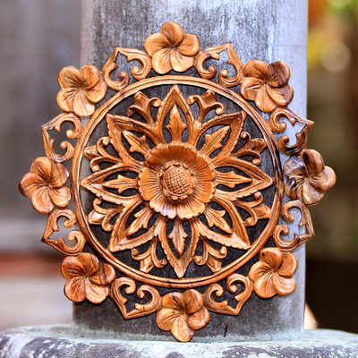 Wood relief panel, 'Lotus and Plumeria' - Lotus and Plumeria Blooms Hand Carved Wood Relief Wall Panel