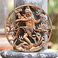 Wood relief panel, 'Om Namah Shivaya' - Suar Wood Relief Panel of Shiva from Bali