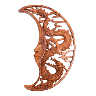 Crescent Moon Dragon Hand Carved Wood Relief Wall Panel