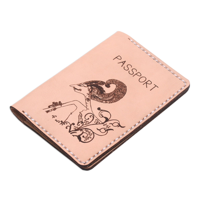 Leather passport wallet, 'Parchment Wayang' - Laser-Cut Leather Passport Wallet in Parchment from Java