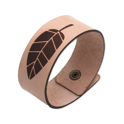 Leather wristband bracelet, 'One Leaf' - Leaf Motif Leather Wristband Bracelet from Java