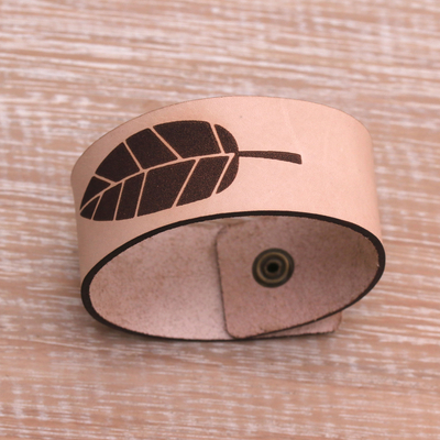 Leather wristband bracelet, 'One Leaf' - Leaf Motif Leather Wristband Bracelet from Java