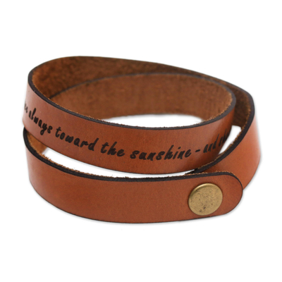 Leather wrap bracelet, 'Toward the Sun' - Inspirational Brown Leather Wrap Bracelet from Java