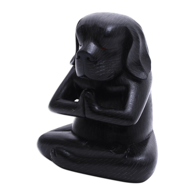 Wood statuette, 'Black Yoga Beagle' - Wood Yoga Beagle Statuette in Black from Bali