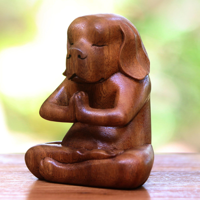 Wood statuette, 'Yoga Beagle' - Yoga Meditation Brown Beagle Hand Carved Wood Statuette