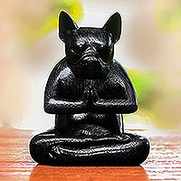 Wood statuette, 'Yoga Boston Terrier in Black'