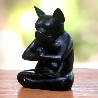 Wood statuette, 'Yoga Boston Terrier in Black' - Yoga Meditation Black Boston Terrier Handmade Wood Statuette