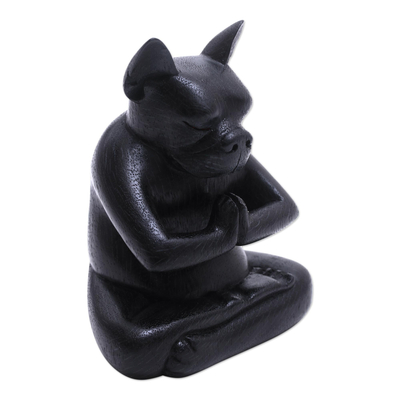 Wood statuette, 'Yoga Boston Terrier in Black' - Yoga Meditation Black Boston Terrier Handmade Wood Statuette