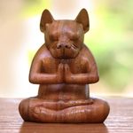 Wood statuette, 'Yoga Boston Terrier in Brown' - Yoga Meditation Brown Boston Terrier Handmade Wood Statuette