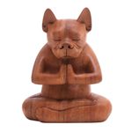 Wood statuette, 'Yoga Boston Terrier in Brown' - Yoga Meditation Brown Boston Terrier Handmade Wood Statuette