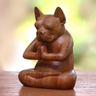 Wood statuette, 'Yoga Boston Terrier in Brown' - Yoga Meditation Brown Boston Terrier Handmade Wood Statuette