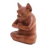 Wood statuette, 'Yoga Boston Terrier in Brown' - Yoga Meditation Brown Boston Terrier Handmade Wood Statuette