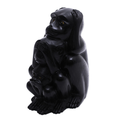Holzstatuette - Drei weise Affen, schwarze handgeschnitzte Holzstatuette