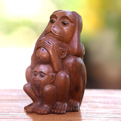 Wood Statuette, 'Three Monkey Sages in Brown' - Three Wise Monkeys Brown Hand Carved Wood Statuette