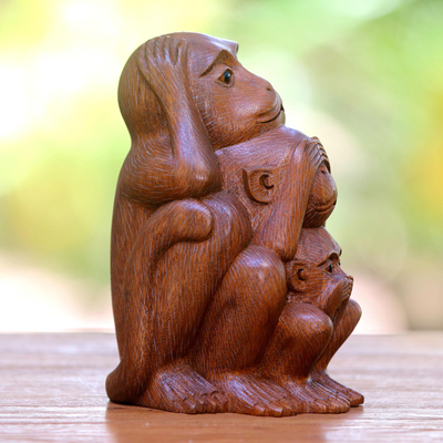 Holzstatuette - Drei weise Affen, braune handgeschnitzte Holzstatuette