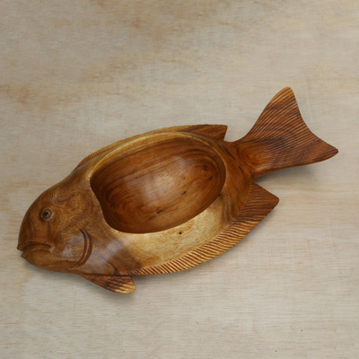 Wood catchall, 'Big Fish' - Hand-Carved Suar Wood Catchall from Indonesia