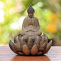 Wood sculpture, 'Buddha on Lotus' - Wood Sculpture of Buddha on a Lotus Flower from Indonesia
