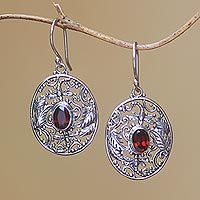 Garnet dangle earrings, 'Oval Dragonfly World' - Dragonfly-Themed Garnet Dangle Earrings from Bali