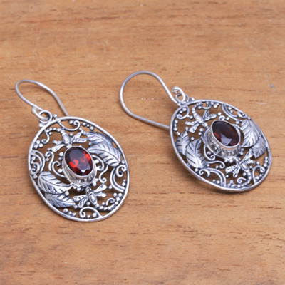 Garnet dangle earrings, 'Oval Dragonfly World' - Dragonfly-Themed Garnet Dangle Earrings from Bali