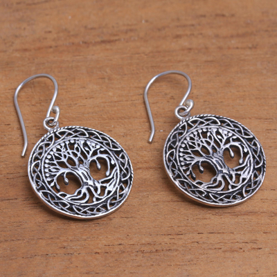 Sterling silver dangle earrings, 'Sacred Plumeria Tree' - Tree-Themed Sterling Silver Dangle Earrings from Bali
