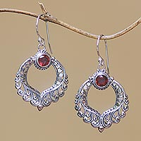 Garnet dangle earrings, 'Garden Gate' - Curl Motif Garnet Dangle Earrings Crafted in Bali