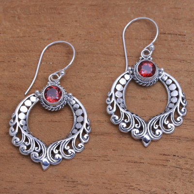Garnet dangle earrings, 'Garden Gate' - Curl Motif Garnet Dangle Earrings Crafted in Bali
